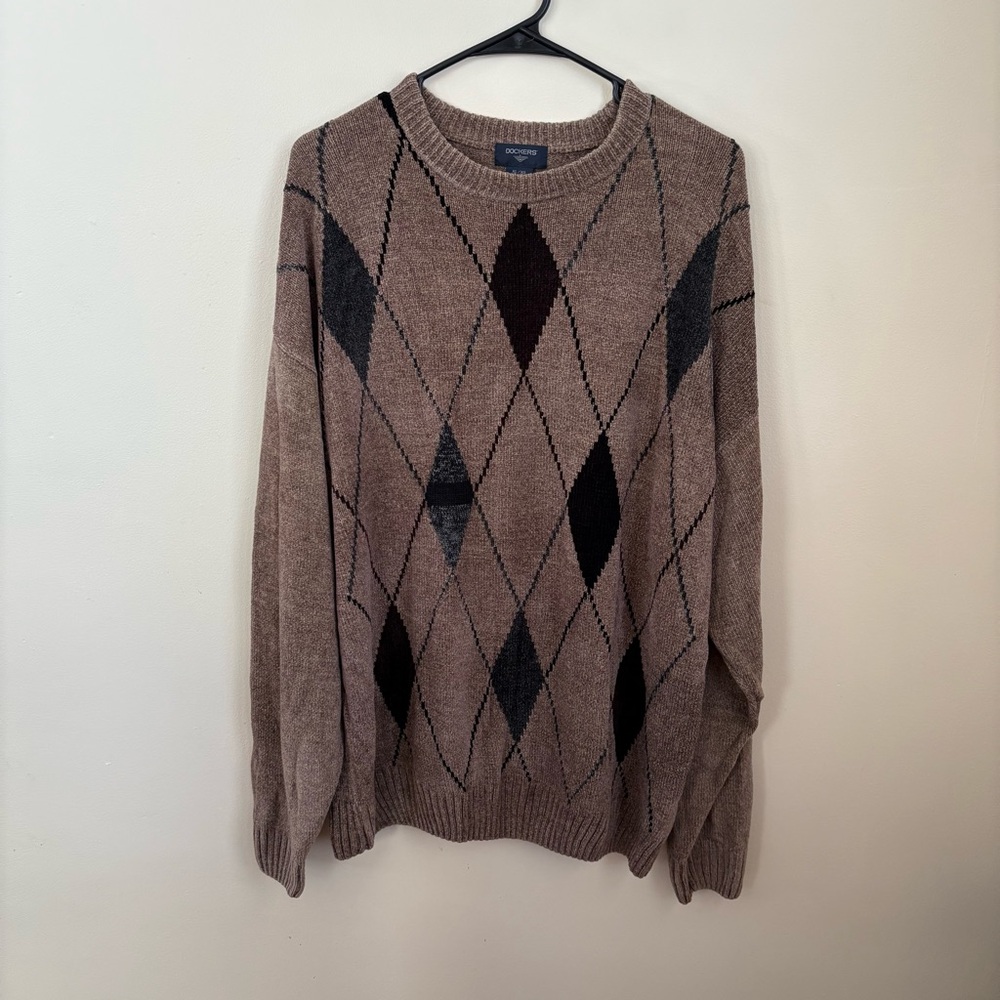 Vintage Dockers Argyle soft plush sweater brown black XL grandpa crewneck